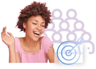 This image features a joyful young woman with curly hair, wearing a light pink top, smiling and looking to her side. Behind her, there is a pattern of purple icons representing people. In the foreground, there is a light blue target icon with an arrow hitting the center. This image likely represents successful targeting or reaching a specific audience, often used in marketing and engagement contexts.