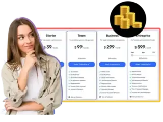 A pricing plan comparison for an AI content generation service. The image shows four plans: Starter at $39/month, Team at $99/month, Business at $299/month, and Enterprise at $599/month. Each plan includes a different number of articles, ranging from 30 to 300, with additional features like research reports, regeneration, human-like content, and access to the latest releases. A young woman stands on the left side of the image, looking thoughtful. A stack of gold coins is illustrated in the upper right corner, symbolizing cost or value.