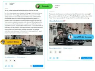 Side-by-side comparison showing two social media posts about classic car restoration. The left post, labeled 'Content Writer,' is a detailed LinkedIn post by John Snow, discussing the high costs of restoring vintage sports cars, emphasizing investment value. The right post, labeled 'Social Media Manager,' is a concise Twitter post by John Snow, expressing concern over restoration costs for iconic models like Porsche 911 or Shelby Cobra, with a reminder to check conditions before buying. Both posts feature the same vintage car image but target different platforms with tailored messaging.