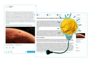 An illustration showcasing AI-enhanced content creation. On the left, a social media post about a Mars mission, complete with hashtags and an image of Mars. On the right, a detailed article about the journey to Mars, with a yellow crumpled paper lightbulb icon symbolizing a bright idea. The interface displays options for saving, rewriting, and downloading content, emphasizing the seamless integration of AI in enhancing writing productivity.