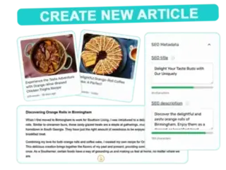 Illustration showing the process of creating a new article with AI-driven keyword integration. The image includes visual elements such as recipe cards, an SEO metadata panel with fields for SEO title and SEO description, and a section of the article text. The scene emphasizes the ease of optimizing articles for search engines using AI tools.