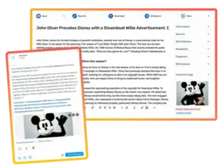 A screenshot showing an AI-powered content creation tool. The main section displays a draft article titled 'John Oliver Provokes Disney with a Steamboat Willie Advertisement,' with options to save, rewrite, download, or post directly to WordPress. The article discusses John Oliver's humorous critique of Disney. On the left side, there is a mockup of a LinkedIn post with a preview of the article, including hashtags and a 'Post to LinkedIn' button. The tool also provides various information sections on the right, such as sources, SEO metadata, readability, plagiarism, SEO analysis, and a featured image of a Steamboat Willie character.