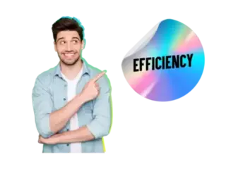 A man pointing towards a holographic label with the word 'Efficiency', emphasizing streamlined processes and productivity.