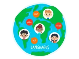 Illustration of a globe featuring children from different parts of the world, each saying 'hello' in different languages including English, French, Portuguese, and Chinese, symbolizing global communication and multilingual engagement.