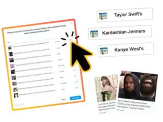 A user interface of an AI content generation service showing a list of social posts available for use. The list includes titles related to Taylor Swift, the Kardashian-Jenners, and Kanye West, with an option to 'Add' each post. On the right side of the image, there are keyword labels for 'Taylor Swift's,' 'Kardashian-Jenners,' and 'Kanye West's.' Below the keywords, there are two example social media posts featuring Taylor Swift and Kanye West. A large cursor is pointing to the 'Add' button on one of the posts.