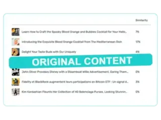 Illustration showcasing content originality. The image features a list of articles with their similarity percentages, highlighting the originality of the content. A bold 'ORIGINAL CONTENT' banner emphasizes the uniqueness and authenticity of the generated content, ensuring minimal duplication and high-quality standards.