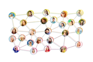 A network of interconnected circles, each containing a photo of a person, representing a diverse group of individuals. The background transitions from yellow at the top to pink at the bottom, creating a gradient effect. Each person is connected by lines, illustrating a social network or community. The people in the circles are smiling and engaged in various activities, highlighting diversity and connectivity.