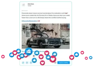 An engaging Twitter post by John Snow about the high costs of restoring classic cars, specifically mentioning models like the Porsche 911 and Shelby Cobra. The post includes a photo of a vintage Mercedes 300SL with its gull-wing doors open and emphasizes checking the car's condition before buying. The post has received numerous likes and love reactions, indicating high engagement.