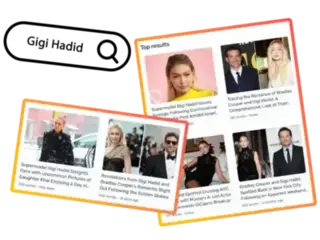 A screenshot from the GoContent platform showing top search results related to Gigi Hadid. The top of the image has a search bar with the keyword 'Gigi Hadid' entered. Below the search bar are 'Top results' featuring images and titles of articles about Gigi Hadid, including her controversial social media post, her romantic involvement with Bradley Cooper, and her daily activities. Each result displays the number of words and the timestamp indicating when it was created. The results are presented in an organized layout, with images and text highlighting key events and news about Gigi Hadid.