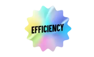 Illustration of a badge with the word 'EFFICIENCY' in bold black letters. The badge has a gear-like shape with a holographic, iridescent background, symbolizing the high efficiency and productivity in content creation.