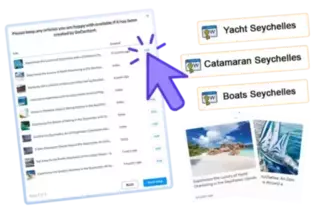 Illustration showing a user interface where articles can be selected and added to a list. An arrow points to an 'Add' button next to an article titled 'Experience the Luxury of Seychelles with a Catamaran Yacht,' created 11 months ago. Keywords such as 'Yacht Seychelles,' 'Catamaran Seychelles,' and 'Boats Seychelles' are displayed, alongside images of yachts and beaches in Seychelles.