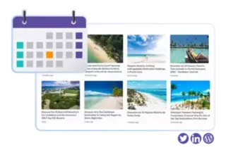 Calendar icon highlighting the ability to schedule content creation with a grid of various travel articles related to Punta Cana.