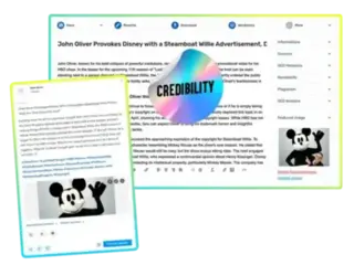 Illustration showcasing a content creation interface with a focus on credibility. The image highlights a detailed article about John Oliver's provocative Disney advertisement, along with a holographic 'CREDIBILITY' badge, emphasizing the reliability and trustworthiness of the content produced. The interface includes options for saving, rewriting, downloading, and posting to WordPress, along with metadata and analysis tools for comprehensive content management.