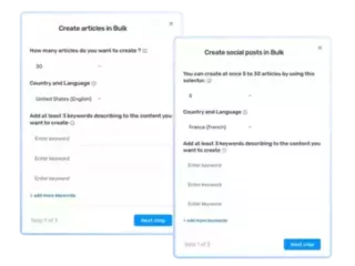 Interface for bulk creation of articles and social posts with fields for quantity, country and language selection, and keyword entry.