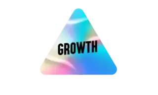 Illustration of a triangular badge with the word 'GROWTH' in bold black letters. The badge features a holographic, iridescent background, symbolizing the potential for expansion and progress in content creation and reach.