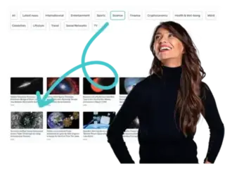 An illustration depicting the power of AI in generating fresh ideas. A confident woman in a black turtleneck stands beside a selection of categorized content topics, such as Science, Sports, and Finance, with a teal arrow pointing towards science-related articles. The interface highlights how AI can curate and suggest relevant content topics, enhancing creativity and productivity in content creation.