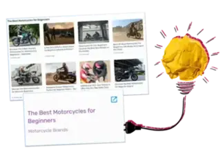 A grid layout displaying various articles about the best motorcycles for beginners. A highlighted article card reads 'The Best Motorcycles for Beginners' under the category 'Motorcycle Brands.' An illustration of a crumpled yellow paper lightbulb connected to the articles by a pink power cord emphasizes idea generation.