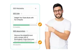 Illustration highlighting SEO optimization. The image features a person pointing towards an interface displaying an SEO title and description with progress bars and checkmarks, indicating completion. This visual emphasizes the ease and efficiency of optimizing content for search engines, ensuring it meets SEO standards and improves visibility.