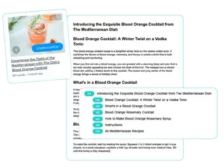 Illustration demonstrating the creation of an article with an optimized content structure. The image includes a recipe card for a Blood Orange Cocktail, a detailed article layout with headings (H1, H2), and a section of the article text. The scene highlights the use of structured headings and content optimization for better readability and SEO performance.