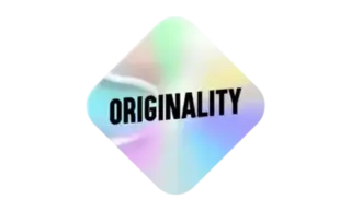 Illustration of a badge with the word 'ORIGINALITY' in bold black letters. The badge has a diamond shape with a holographic, iridescent background, symbolizing the uniqueness and originality of content.