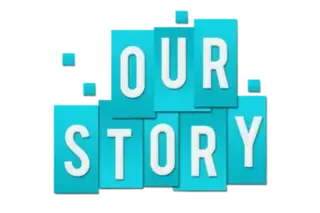 An illustration with the text 'OUR STORY' displayed in bold white letters on a bright blue background, arranged in a block-like formation.