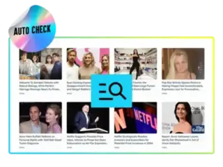 Illustration demonstrating an AI-driven content verification system with an emphasis on peace of mind for users. The image features a content dashboard displaying various articles, including those about celebrities and entertainment news, accompanied by an 'AUTO CHECK' holographic badge and a magnifying glass icon symbolizing automatic verification and quality assurance.