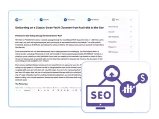 An illustration showing a detailed article about 'Embarking on a Classic Swan Yacht Journey from Australia to the Seychelles.' The article text includes information about navigating the Great Barrier Reef and sailing techniques. In the lower right corner, there is an icon depicting SEO elements, including a computer monitor with 'SEO' on the screen, an upload cloud, a graph, and a dollar sign, symbolizing quality content optimized for search engines.