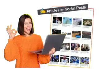 An illustration featuring a woman in an orange sweater holding a laptop and making an 'OK' gesture with her right hand while winking. She stands in front of a screen displaying various articles and social posts. The screen includes categories such as 'Latest news' and 'International,' with several article thumbnails and titles visible. At the top of the screen, there is a label that reads 'Articles or Social Posts,' with an icon of a pencil and paperclip.