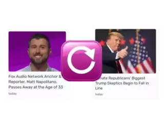 Image featuring two news articles side by side with a refresh symbol in the center. The left article shows a smiling man with the headline 'Fox Audio Network Anchor & Reporter, Matt Napolitano, Passes Away at the Age of 33'. The right article shows a man giving a thumbs-up with the headline 'Senate Republicans' Biggest Trump Skeptics Begin to Fall in Line'. The refresh symbol indicates real-time updates.