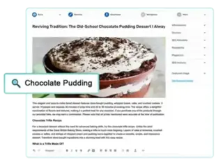 Screenshot of an article editor interface titled 'Reviving Tradition: The Old-School Chocolate Pudding Dessert I Always Make' with a focus on a chocolate pudding recipe. The interface includes options to save, rewrite, download, and publish to WordPress. The sidebar features sections for informations, sources, SEO metadata, readability, plagiarism, SEO analysis, and setting a featured image. A magnified section highlights the text 'Chocolate Pudding'.