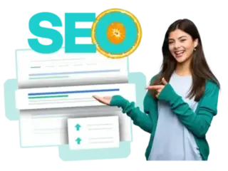 Illustration of a woman smiling and pointing to an SEO icon with a citrus fruit, accompanied by search engine result pages and arrows indicating upward movement, symbolizing the optimization and improvement of web content for better search engine rankings.