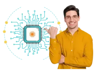 A smiling man in a yellow shirt pointing towards a digital chip icon, symbolizing the integration of technology and AI in enhancing productivity and efficiency.