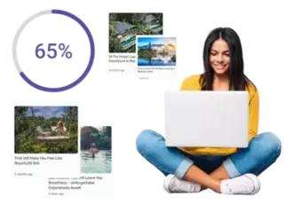 Illustration of a woman sitting cross-legged with a laptop, smiling as she looks at the screen. Around her are images and titles of articles about luxury experiences in Bali, including 'Of The Finest Luxurious Experience In Bali' and 'Discover the Top 10 Most Luxurious Resorts in Bali.' A circular graphic showing '65%' is also present, indicating progress or achievement in content creation.