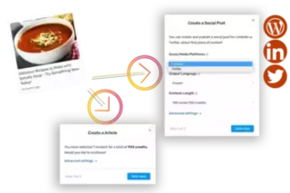 User interface showing a social media post creation tool. The image includes a recipe for tomato soup and options to create a social post for LinkedIn or Twitter in French, with content length settings. It also shows the article creation step, indicating the total credits required for content creation.