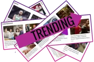 A vibrant collage of various news articles from different categories such as Sports, Entertainment, Science, Crypto, and more. A large, bold, purple arrow with the word 'TRENDING' spans across the collage, indicating the trending nature of the news items.