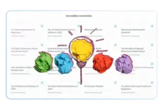 Illustration showing a collection of article titles about motorcycles, such as 'The Best Motorcycles for Beginners,' 'Top 10 Motorcycle Events to Attend in 2021,' and 'Motorcycle Maintenance Checklist.' In the center, a lightbulb icon with crumpled paper of different colors symbolizes idea generation and creativity.