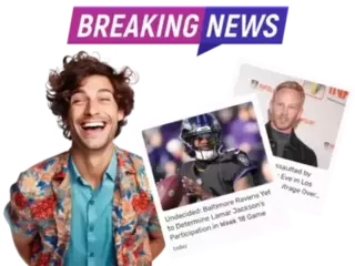 A cheerful young man with curly hair and a colorful shirt stands next to a 'Breaking News' banner. To his right are two news snippets: one featuring an American football player in action with the headline 'Undecided: Baltimore Ravens Yet to Determine Lamar Jackson's Participation in Week 18 Game' and another featuring a portrait of a man with the headline 'Assaulted by Eve in Los Outrage Over...'