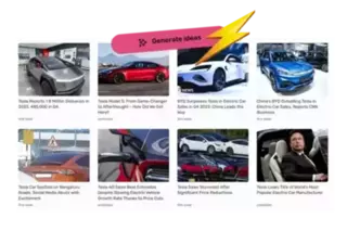 A collection of Tesla-related articles displayed on a grid layout, with a 'Generate ideas' banner and lightning bolt design at the top. The articles cover various topics such as Tesla's sales figures, new car models, and competition with other electric vehicle manufacturers like BYD.