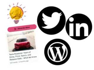 Illustration depicting a lightbulb icon symbolizing ideas, a 'Generate ideas' button, a Tesla car article, and logos of Twitter, LinkedIn, and WordPress. This represents the integration of idea generation and content creation with social media and blogging platforms.