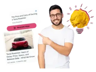 Man pointing at a tool to generate content ideas, featuring a Tesla Roadster article. The image includes icons suggesting creativity and idea generation, with a red Tesla car in the background and a crumpled paper light bulb icon indicating innovation.