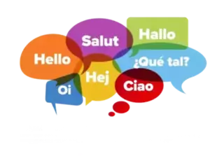 Colorful speech bubbles displaying greetings in various languages including English, French, German, Spanish, Italian, Portuguese, Danish, and Swedish, representing multilingual content capabilities.