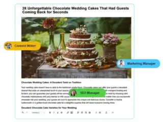 An illustration depicting a collaborative content creation process involving a Content Writer, Marketing Manager, and SEO Manager. The focal point is a detailed article titled '28 Unforgettable Chocolate Wedding Cakes That Had Guests Coming Back for Seconds', featuring an image of a beautifully decorated multi-tiered chocolate wedding cake adorned with flowers and leaves. The interface showcases different user roles interacting with the document, emphasizing the streamlined workflow and collaborative effort in producing high-quality content.